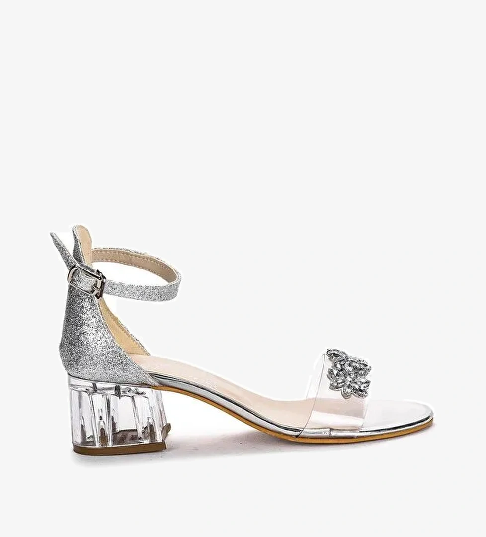 Yangu Kum Simli Taşlı Kız Çocuk 3 Cm Şeffaf Topuklu Sandalet Abiye Ayakkabı