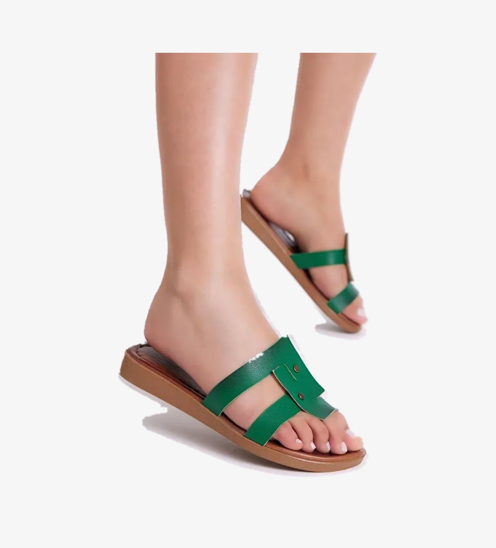 Kadın Çimen Yeşili Rahar Kalıp Çift Bantlı Terlik - Görsel 1