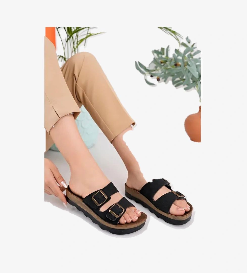 Lena Kadın Günlük Ortopedik Çift Bantlı Tokalı Kaymaz Taban Rahat Terlik