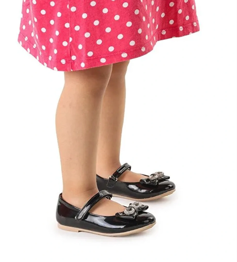 Bowtie Papyon Taşlı Cırtlı Kız Çocuk Babet Ayakkabı