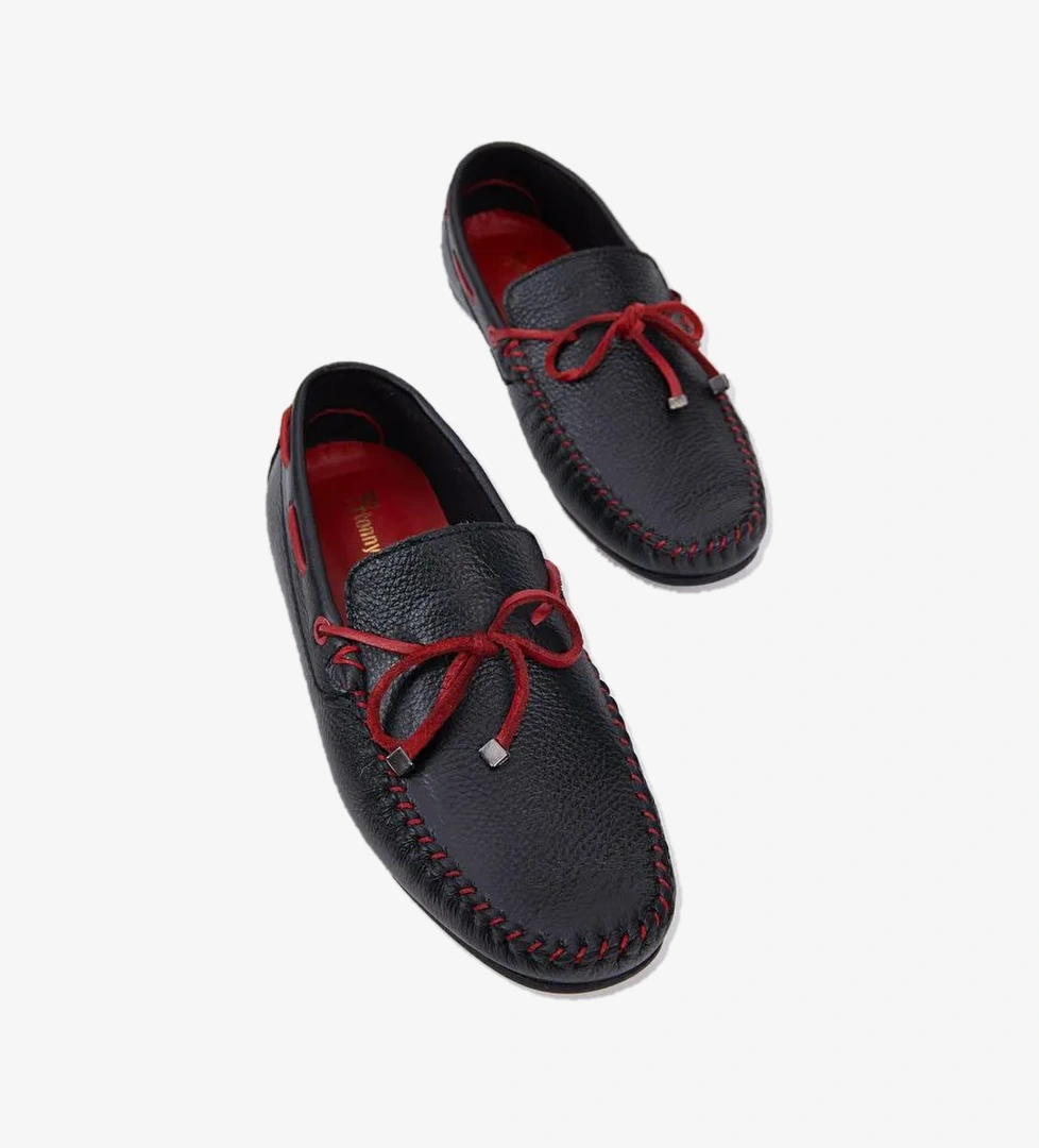 Erkek Siyah İp Detaylı Rahat Kalıp Hakiki Deri Loafer - Görsel 1