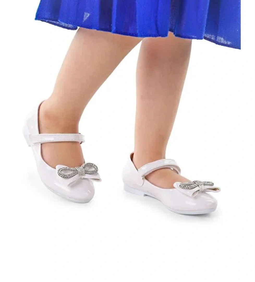 Bowtie Papyon Taşlı Cırtlı Kız Çocuk Babet Ayakkabı