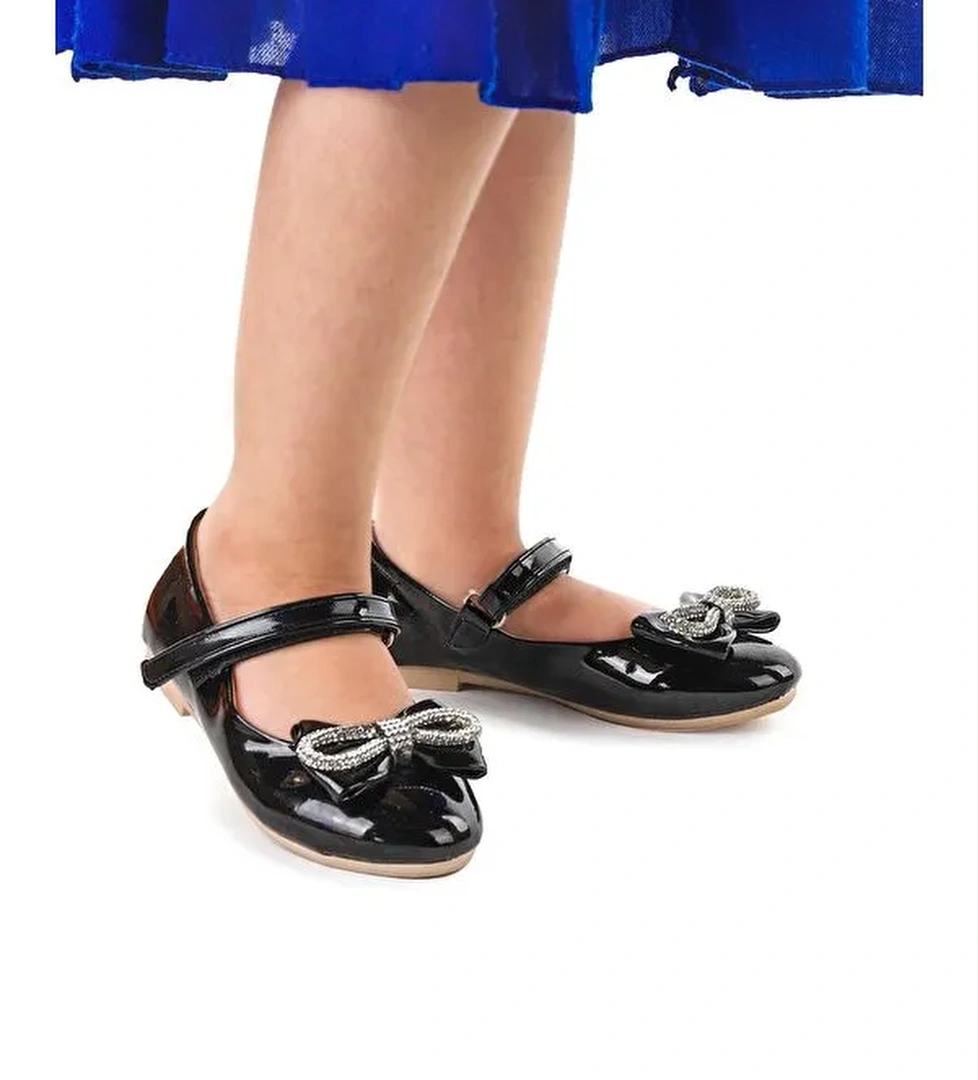 Bowtie Papyon Taşlı Cırtlı Kız Çocuk Babet Ayakkabı