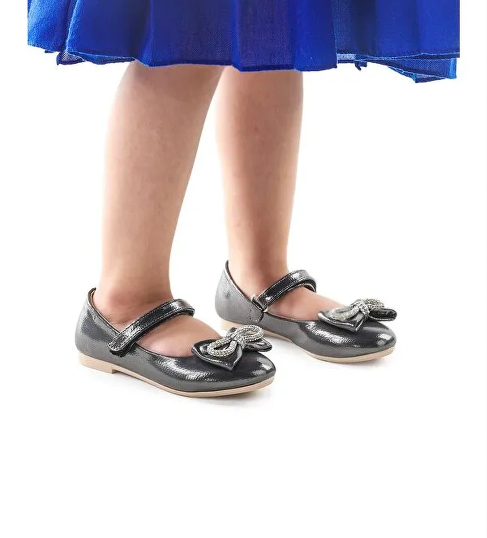 Bowtie Papyon Taşlı Cırtlı Kız Çocuk Babet Ayakkabı - Görsel 1