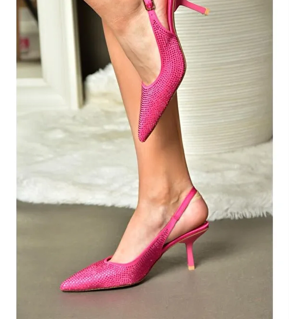P820262004 Fuşya Kumaş Taşlı İnce Topuklu Kadın Abiye Ayakkabı - Görsel 1