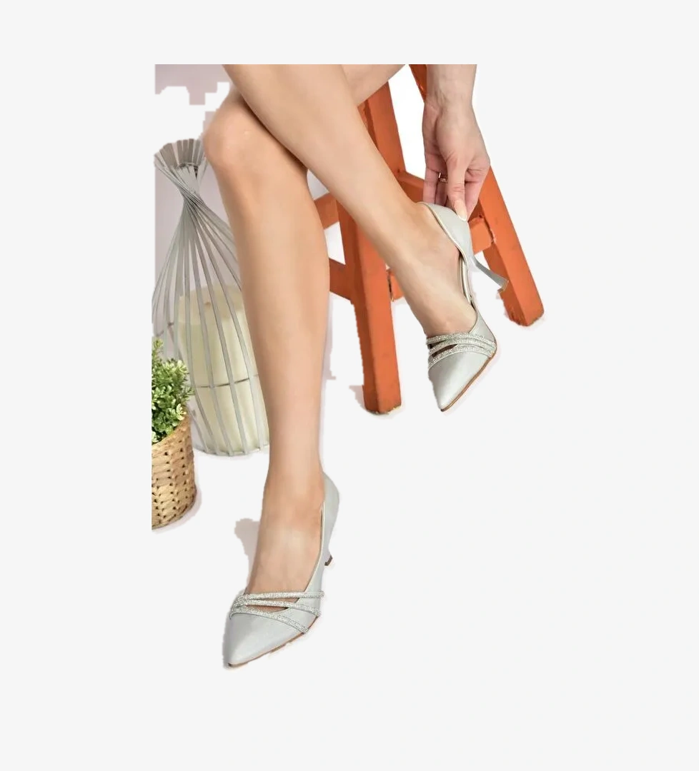 P246068504 Gümüş Kumaş İnce Topuklu Kadın Abiye Ayakkabı