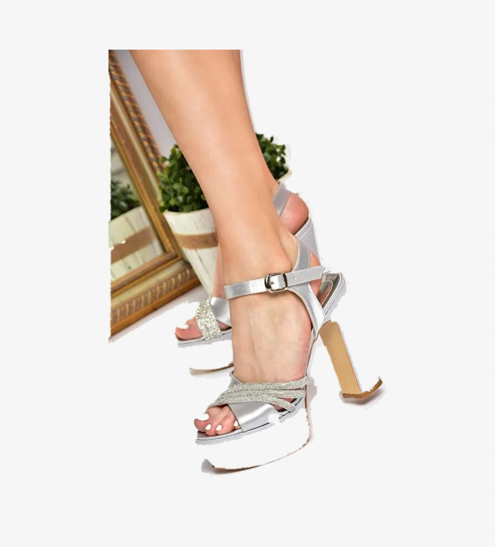 P246057504 Gümüş Kumaş Platform Topuklu Kadın Abiye Ayakkabı