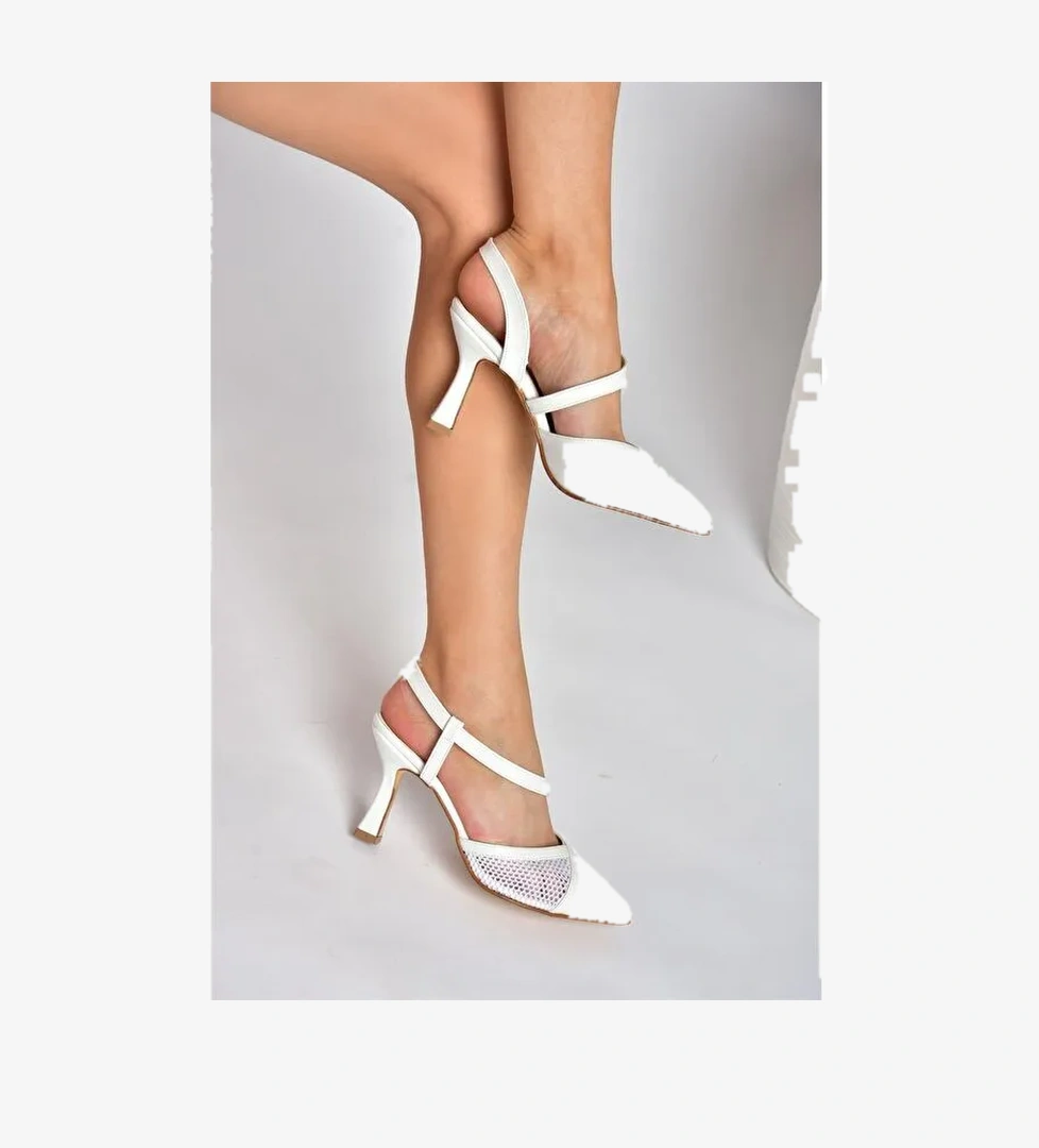 P372733109 Beyaz Kumaş Detaylı Kadın Topuklu Ayakkabı