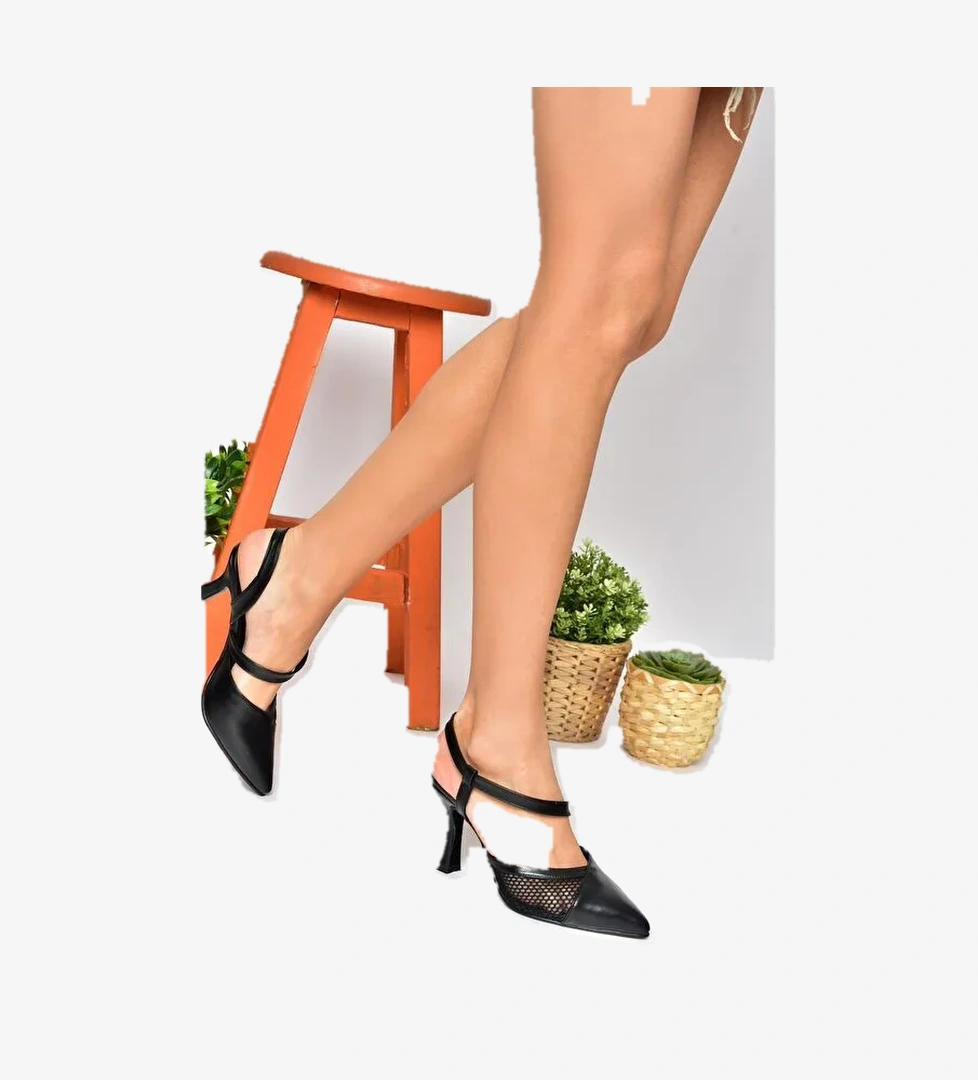 P372733109 Siyah Kumaş Detaylı Kadın Topuklu Ayakkabı - Görsel 1