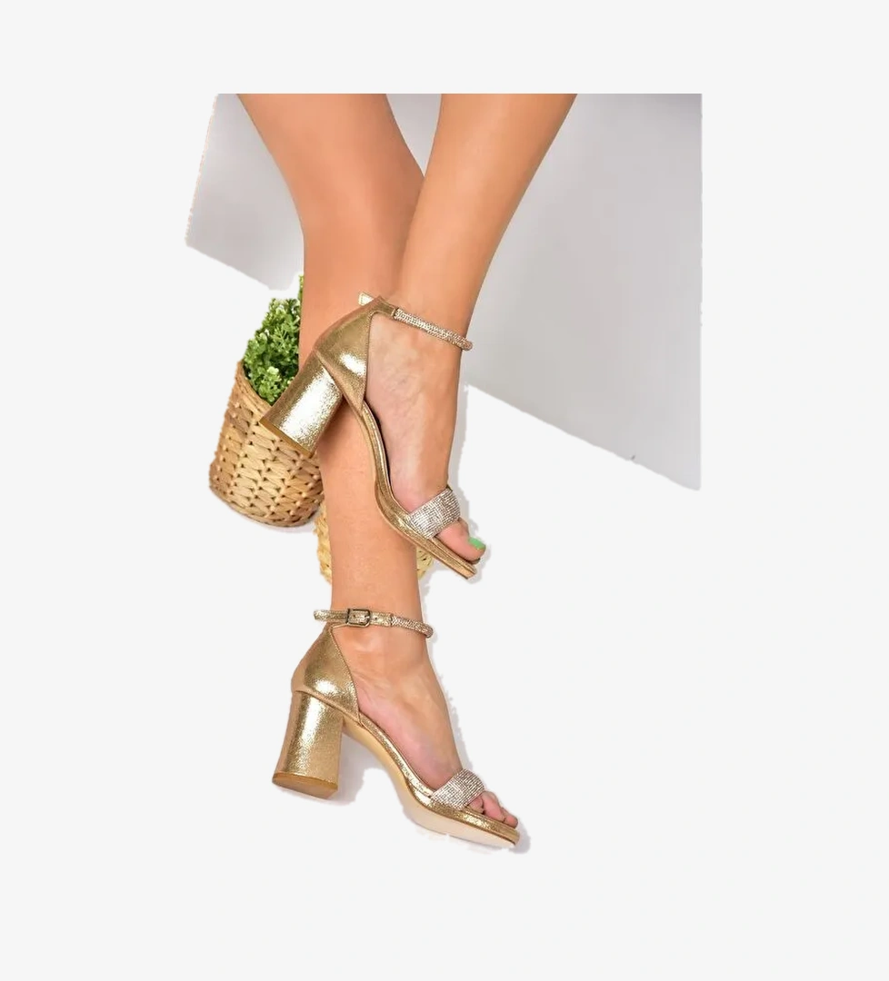 M348271114 Bronz Suni Deri Kalın Topuklu Kadın Abiye Ayakkabı - Görsel 1