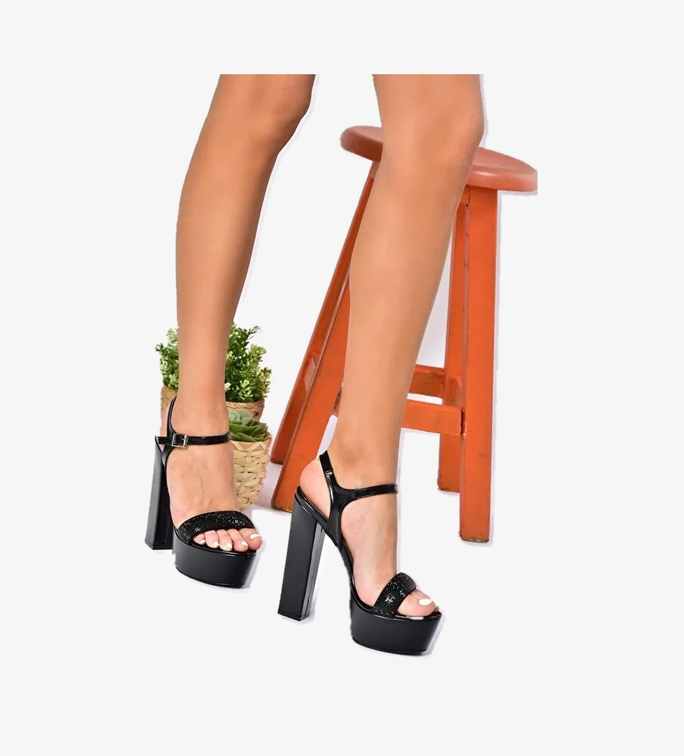 M348004859 Siyah Suni Deri Yüksek Topuklu Kadın Abiye Ayakkabı - Görsel 1