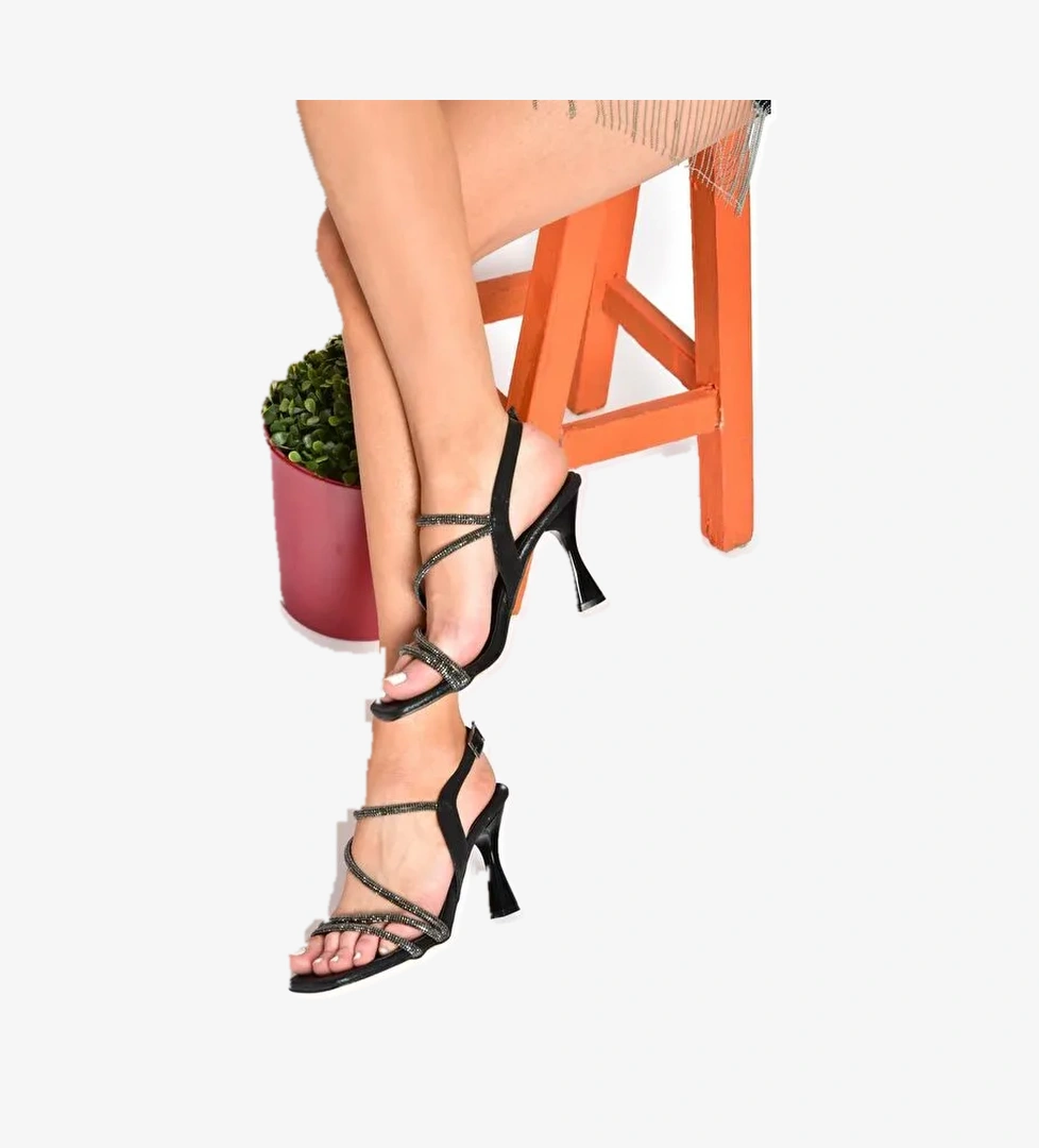 P820054414 Siyah Suni Deri Topuklu Kadın Abiye Ayakkabı - Görsel 1