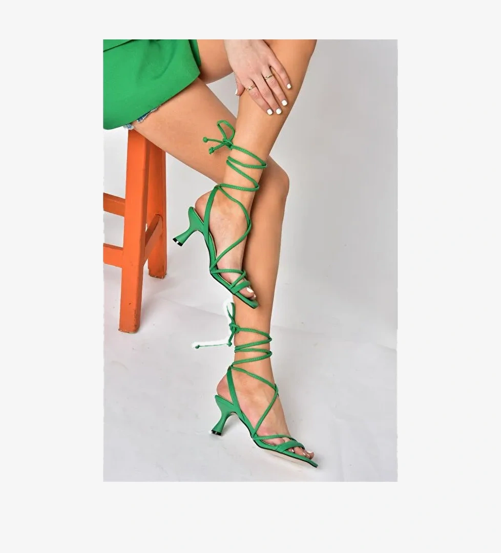 P404202309 Yeşil Bilek Bağlamalı Kadın Topuklu Ayakkabı