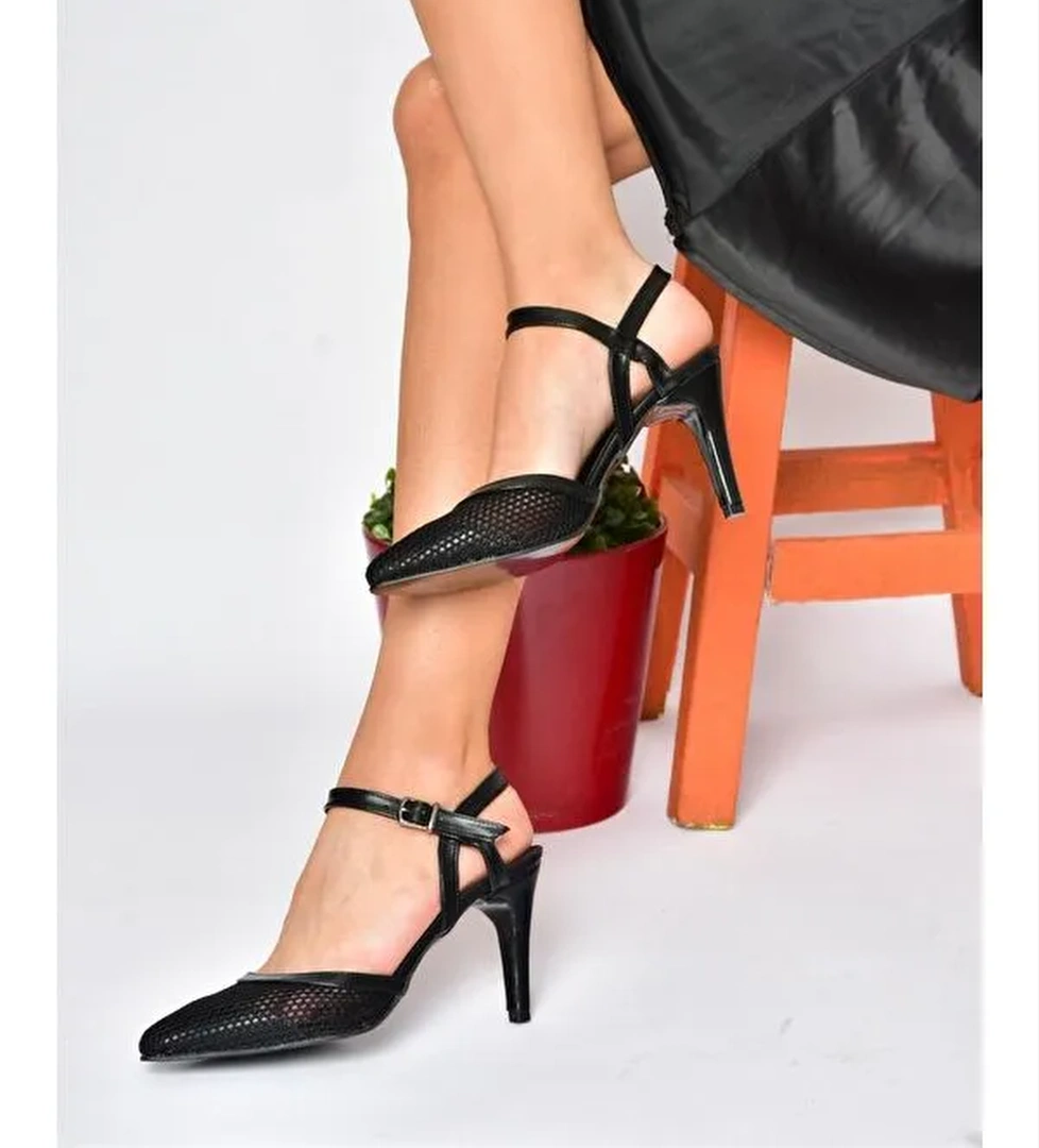 P372441315 Siyah Kumaş Detaylı Topuklu Kadın Ayakkabı - Görsel 1