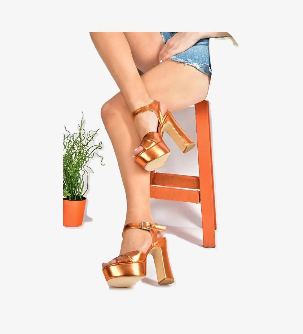 M348202459 Turuncu Suni Deri Platform Topuklu Kadın Abiye Ayakkabı - Görsel 1