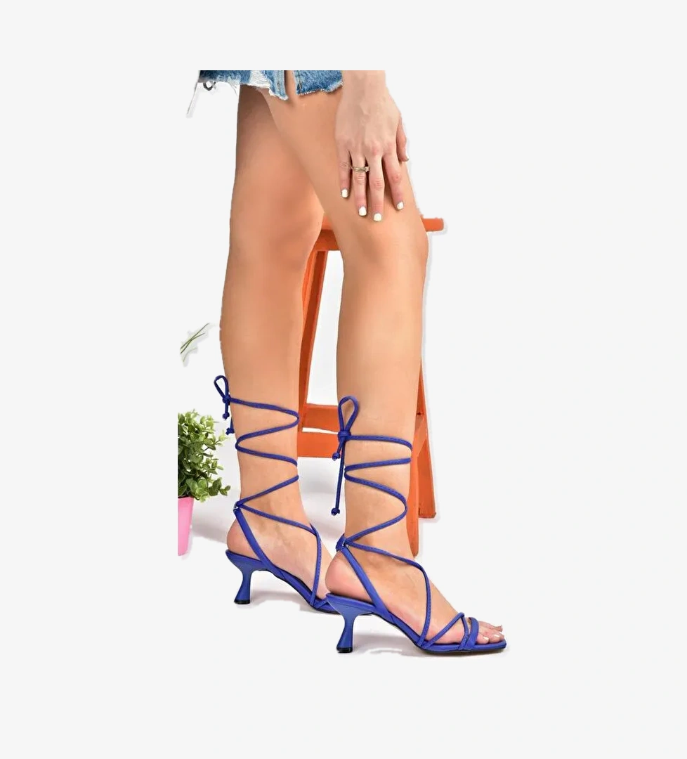 P404202309 Saks Mavi Bilek Bağlamalı Kadın Topuklu Ayakkabı
