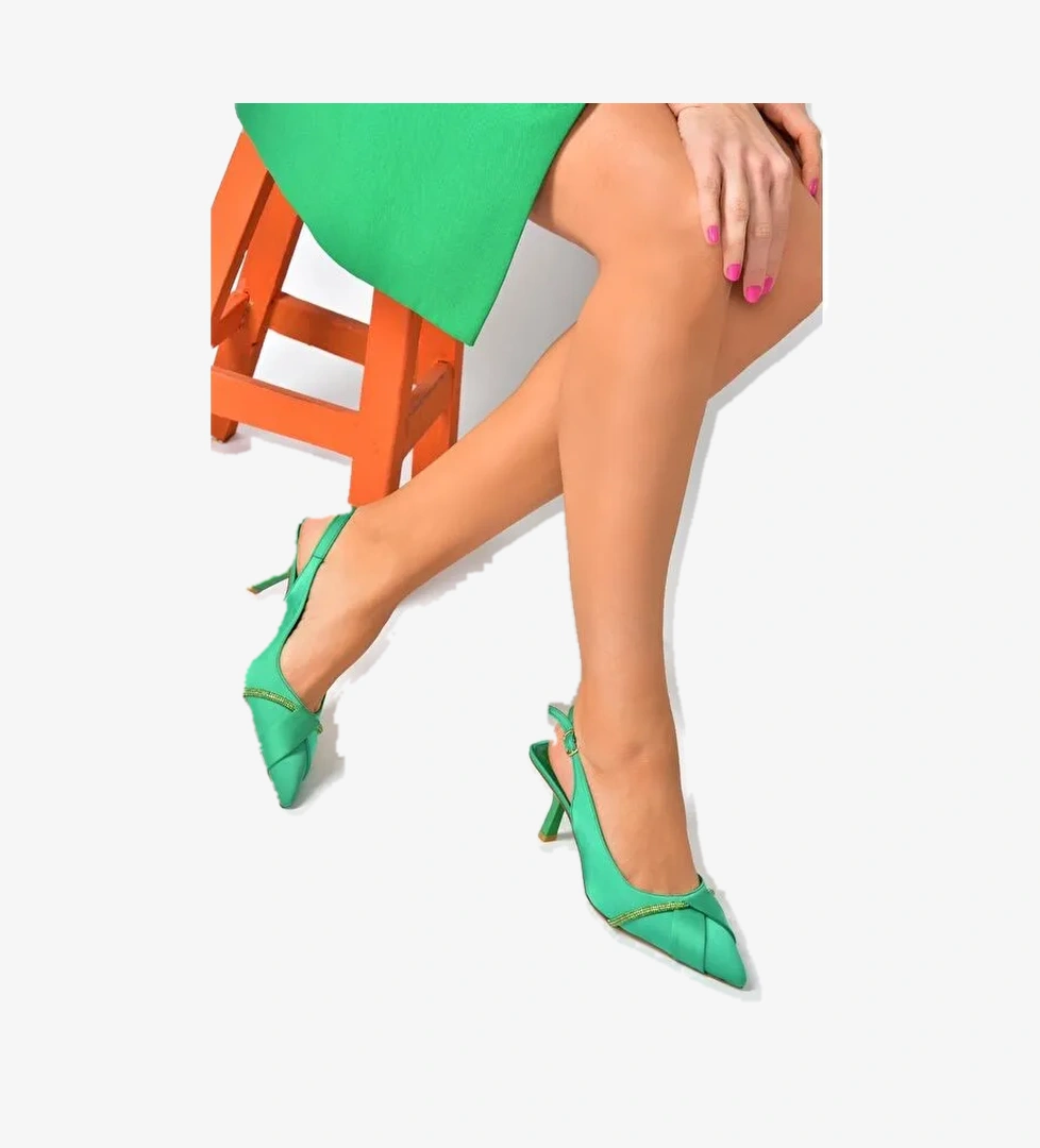 Yeşil Saten Kumaş Topuklu Kadın Abiye Ayakkabı P820062904 - Görsel 1