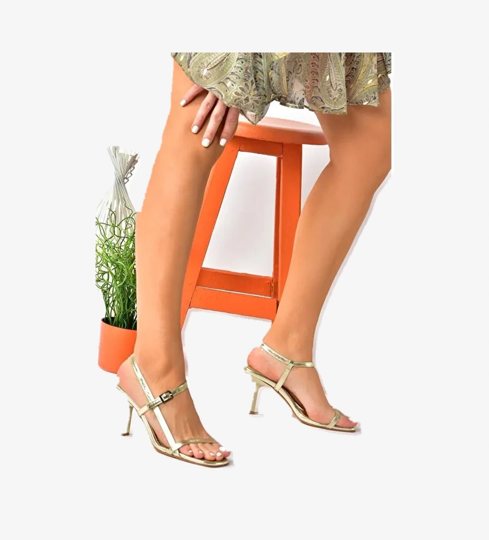 Altın İnce Bantlı Kadın Topuklu Ayakkabı P518870309 - Görsel 1