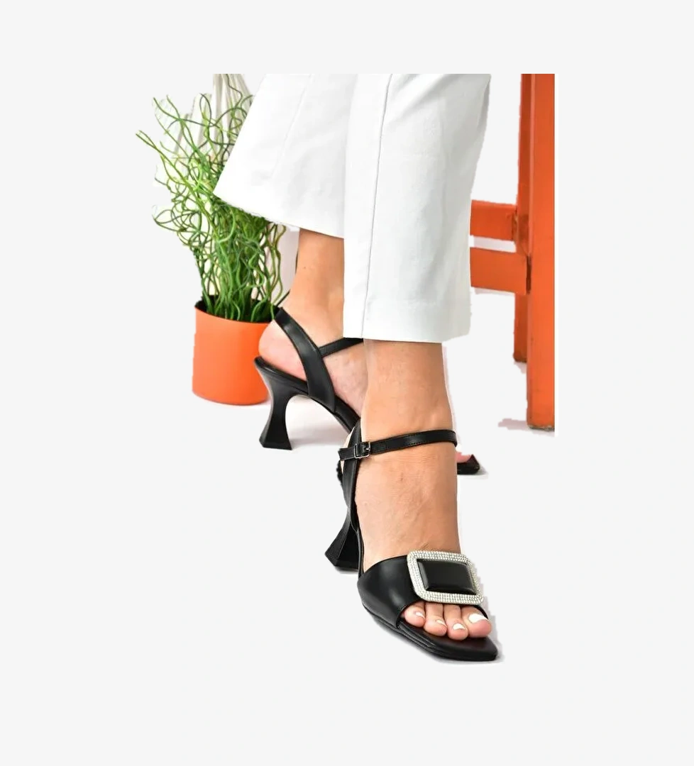 Siyah Taşlı Kalın Topuklu Kadın Abiye Ayakkabı P252100009 - Görsel 1