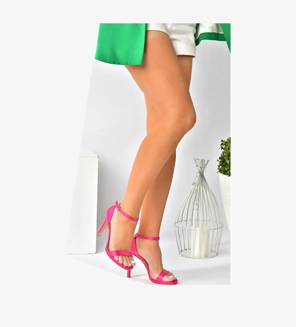 Fuşya Saten Kumaş İnce Bantlı Kadın Topuklu Abiye Ayakkabı M348072404 - Görsel 1