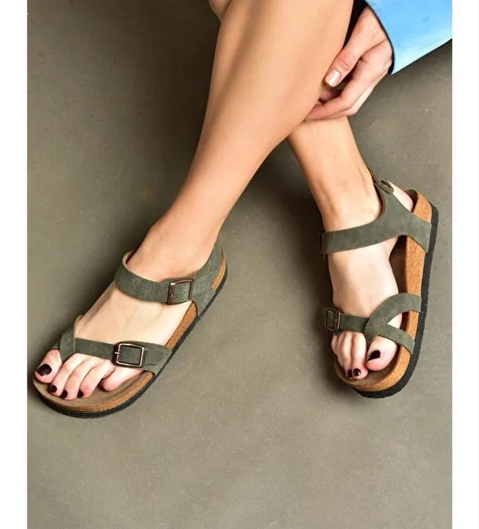 H777786002 Yeşil Süet Kadın Sandalet - Görsel 1