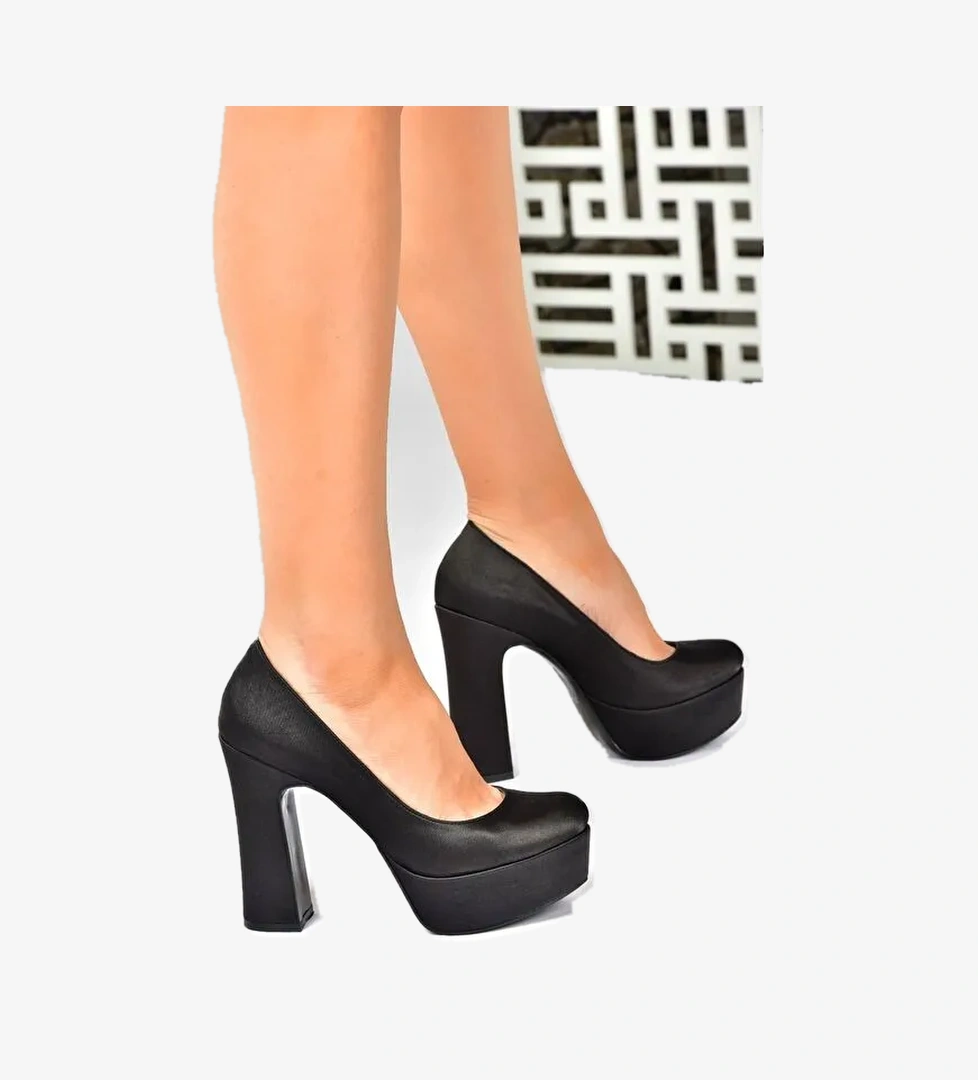 Siyah Saten Kumaş Kalın Topuklu Kadın Abiye Ayakkabı M348007904 - Görsel 1