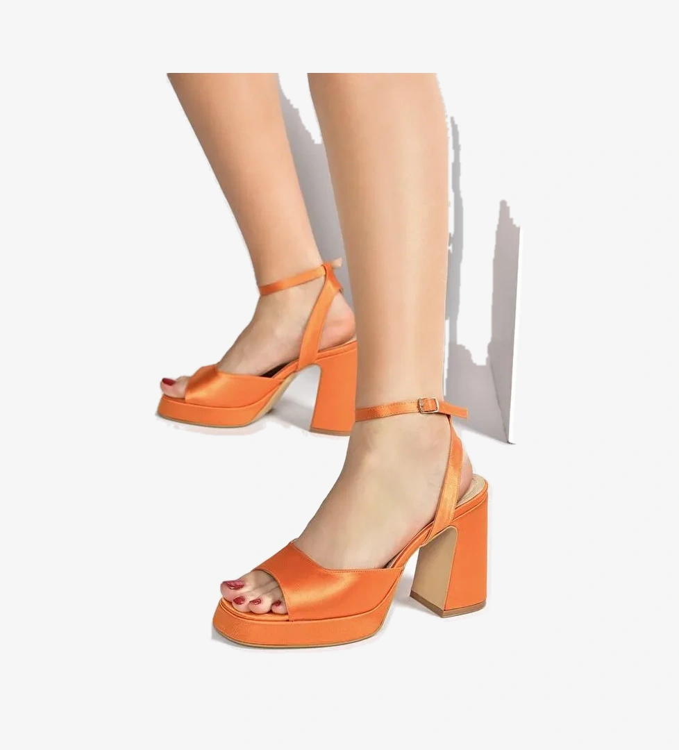 Turuncu Saten Kumaş Kalın Platform Topuklu Kadın Ayakkabı M570345604