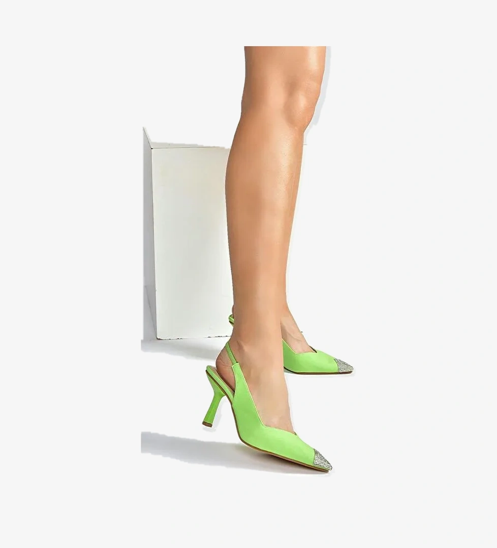Fıstık Yeşili Saten Kumaş Taş Detaylı Kadın Topuklu Ayakkabı M882027604 - Görsel 1