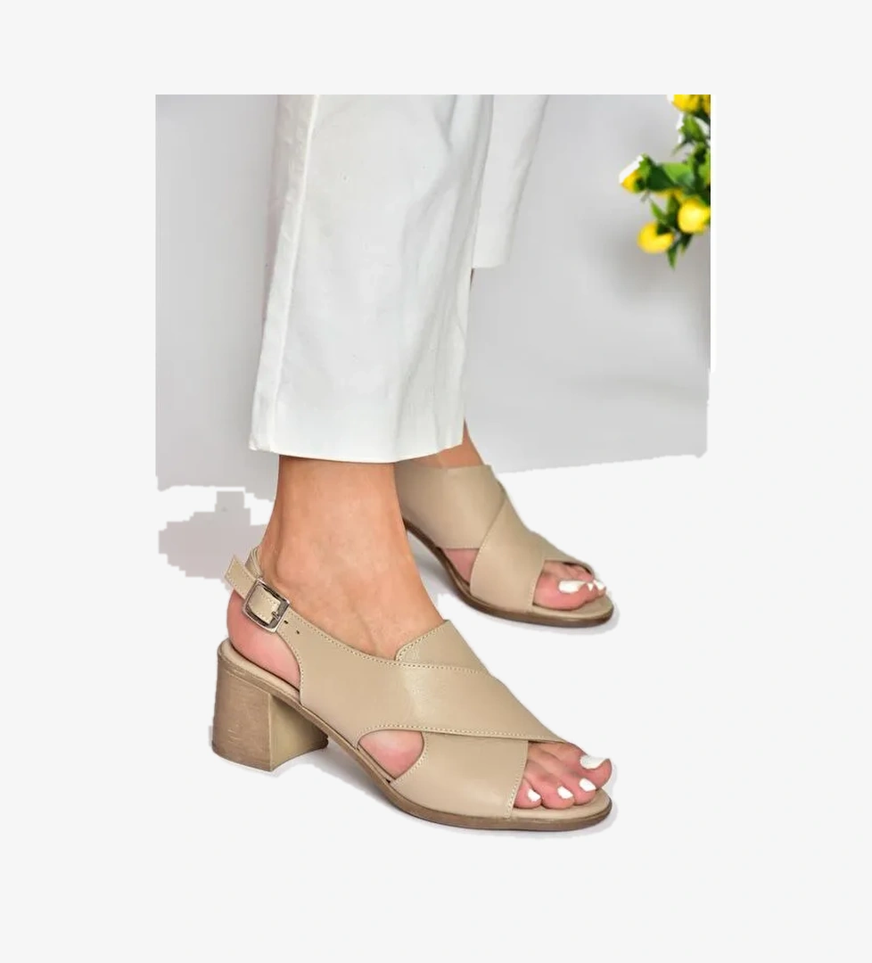 P555450503 Vizon Hakiki Deri Kalın Topuklu Kadın Ayakkabı - Görsel 1