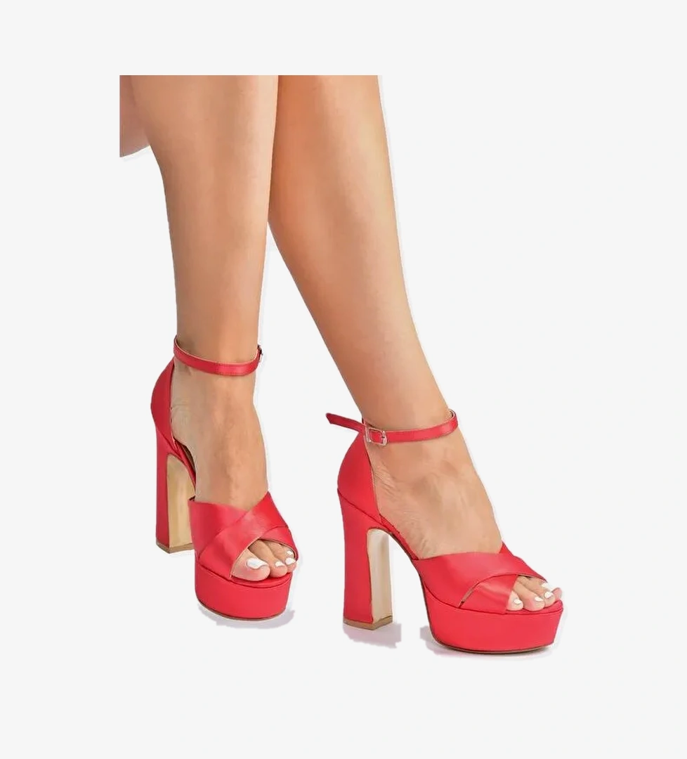 Kırmızı Saten Kumaş Platform Topuklu Kadın Abiye Ayakkabı M348202504