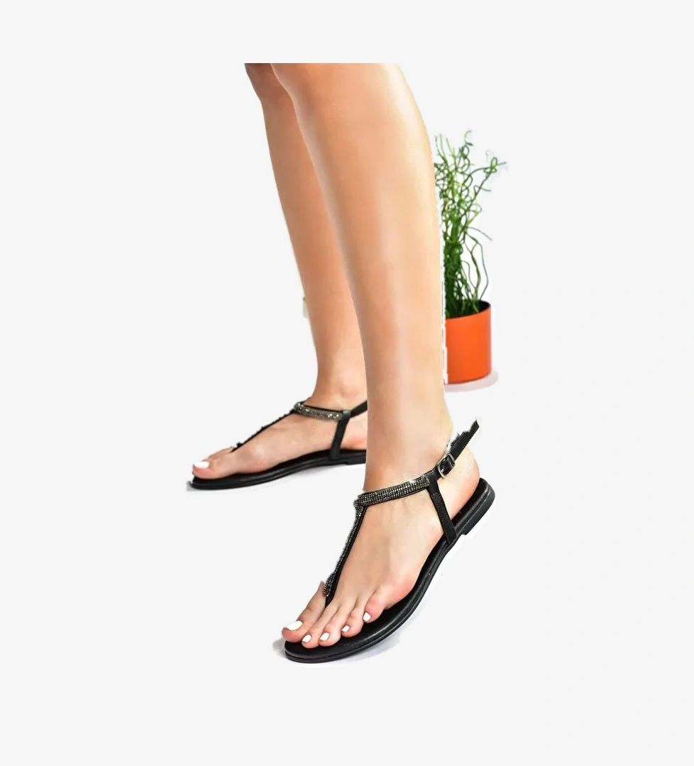 Siyah Taş Detaylı Parmak Arası Sandalet M272025009 - Görsel 1