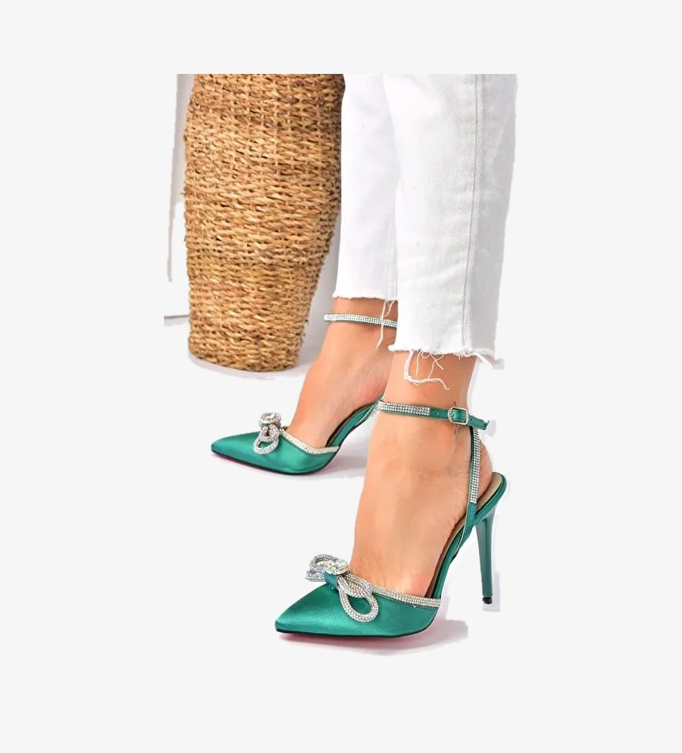 Yeşil Saten Kumaş Taşlı Kadın Topuklu Ayakkabı K654051204