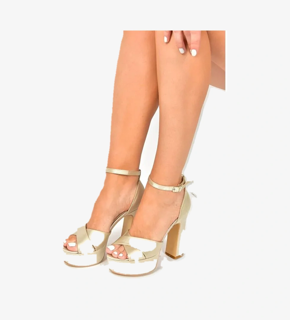 Bej Kumaş Platform Kalın Topuklu Abiye Ayakkabı M348202504 - Görsel 1