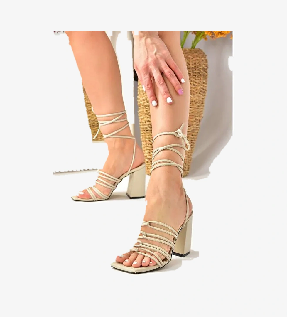 Bej Kalın Topuklu Bilekten Bağlamalı Kadın Ayakkabı M369544009 - Görsel 1