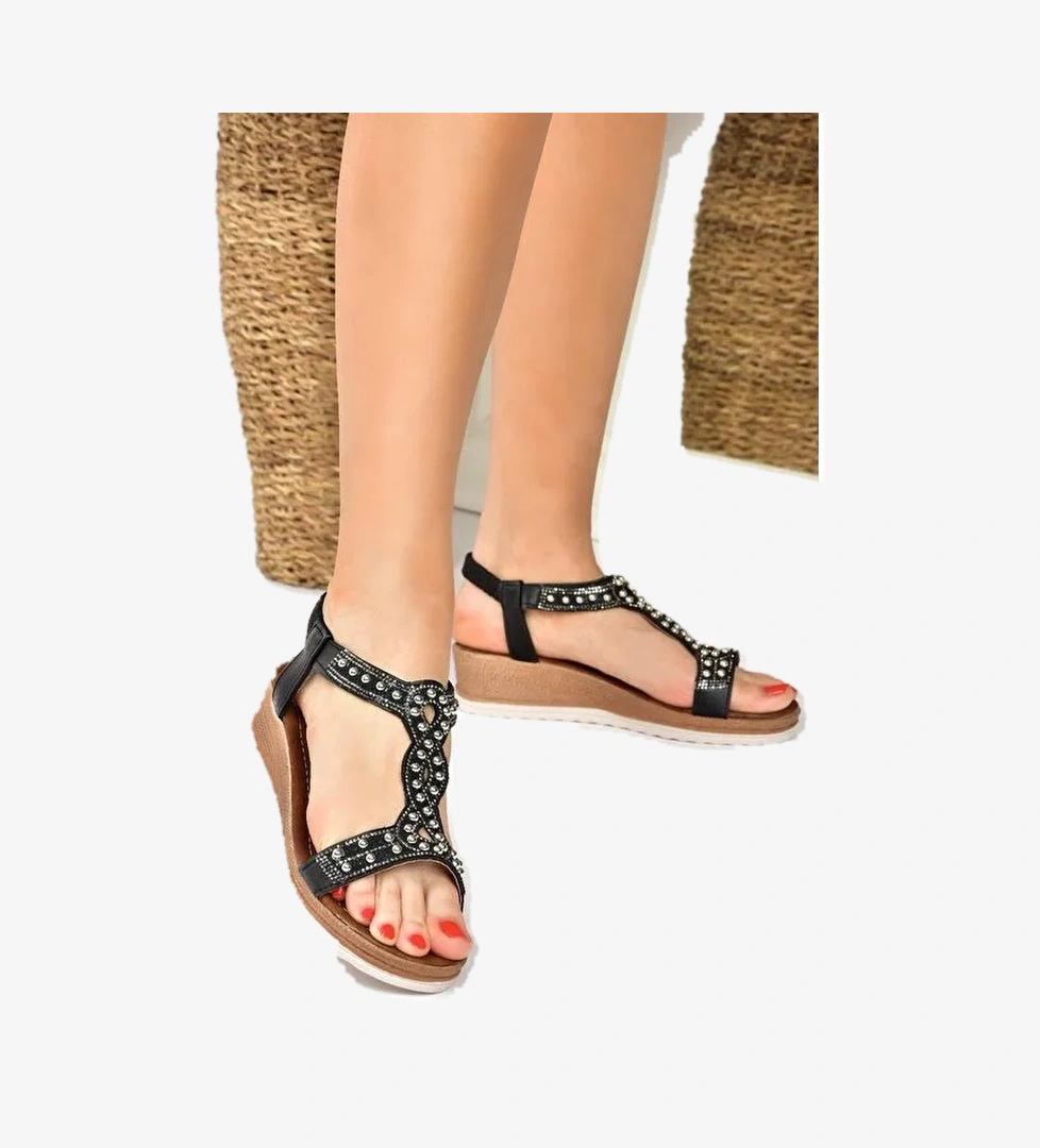 Siyah Metal Boncuklu Günlük Kadın Sandalet M258314409 - Görsel 1