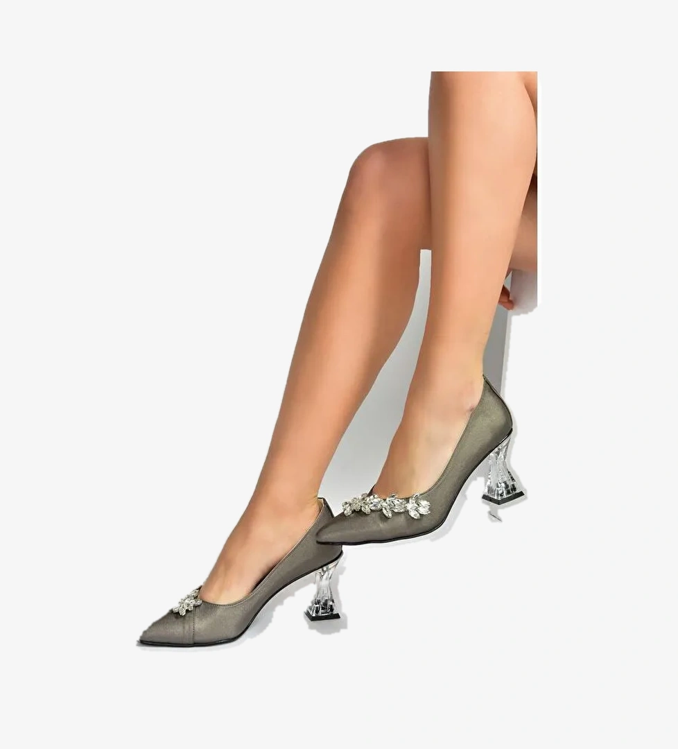 Platin Saten Kumaş Taşlı Kadın Abiye Ayakkabı M246014004