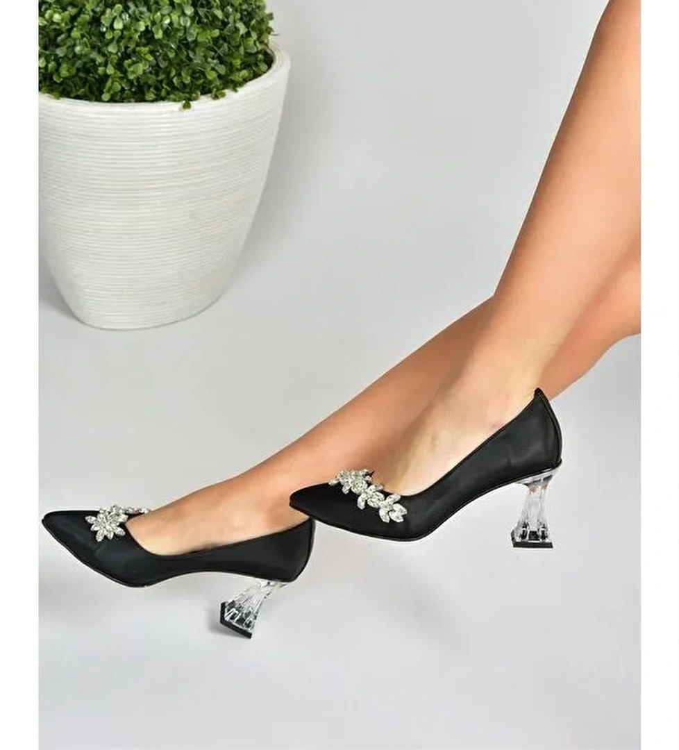 Siyah Saten Kumaş Taşlı Kadın Abiye Ayakkabı M246014004 - Görsel 1