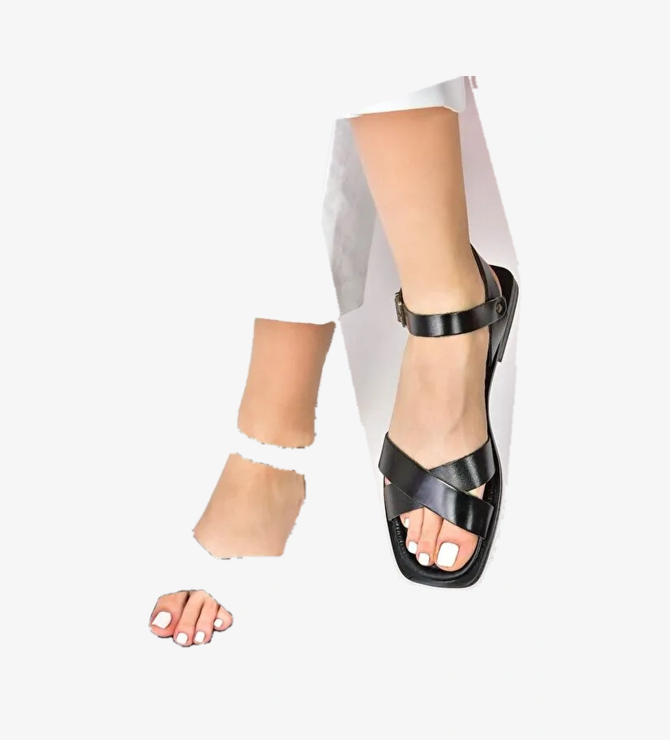 Siyah Hakiki Deri Çapraz Bantlı Günlük Kadın Sandalet M291041503 - Görsel 1