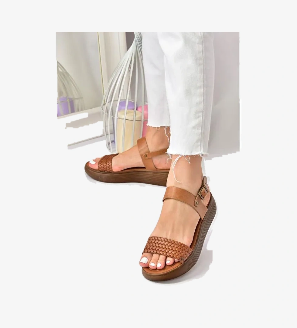 Taba Hakiki Deri Örgü Modelli Günlük Kadın Sandalet M291053603