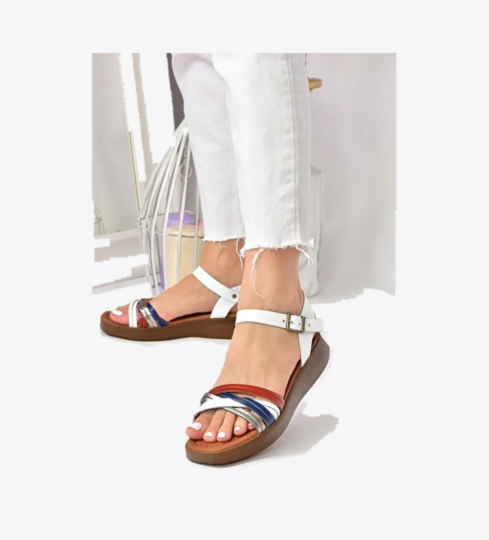 Lacivert/Beyaz/Kırmızı Hakiki Deri Günlük Kadın Sandalet M291030503