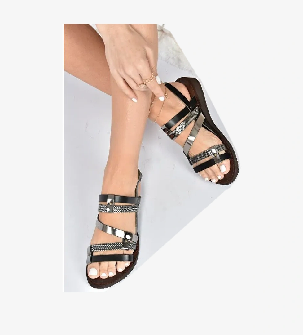 Siyah/Platin Hakiki Deri Kadın Sandalet K374680103 - Görsel 1