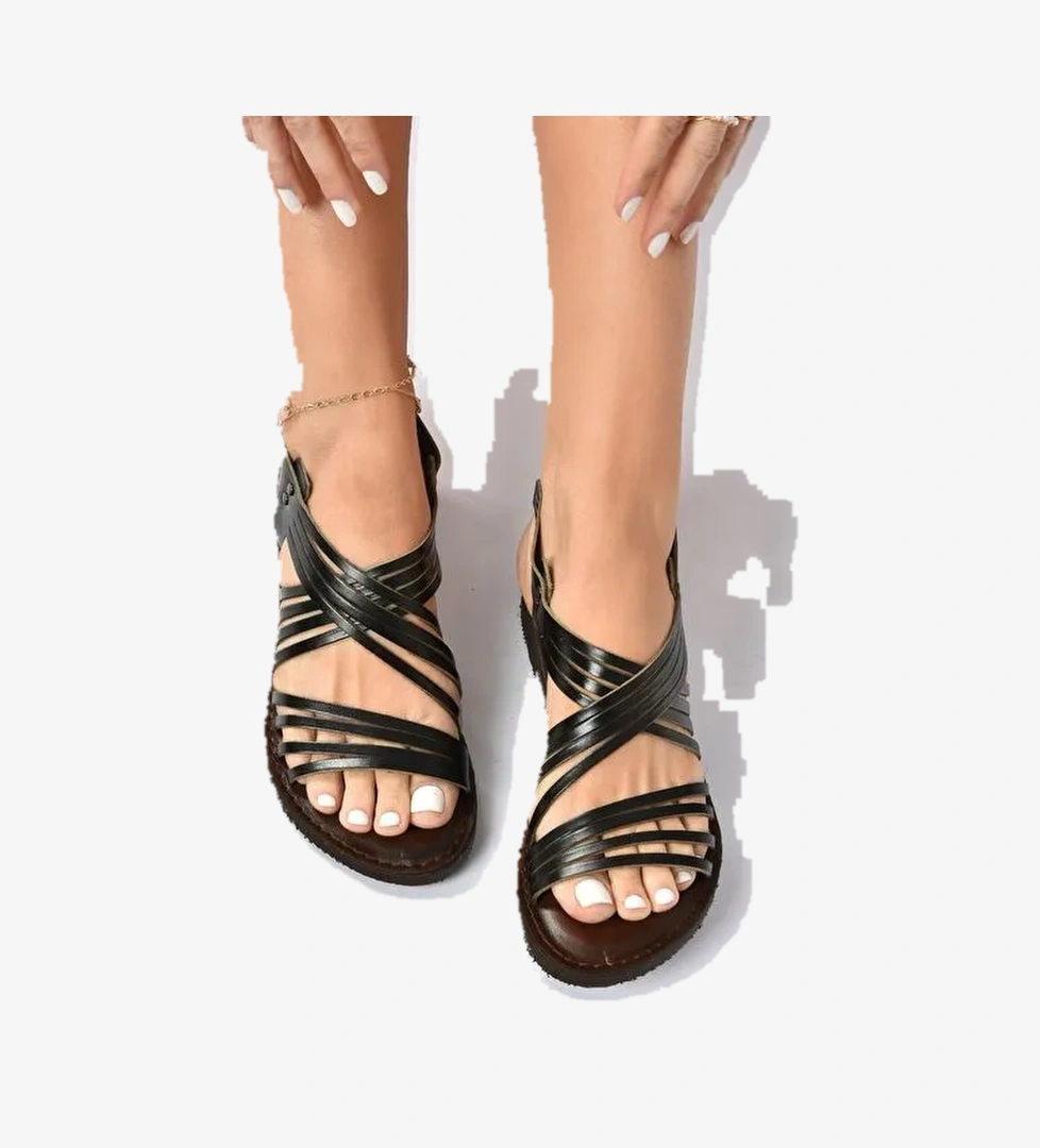 Siyah Hakiki Deri Kadın Sandalet K374680503 - Görsel 1