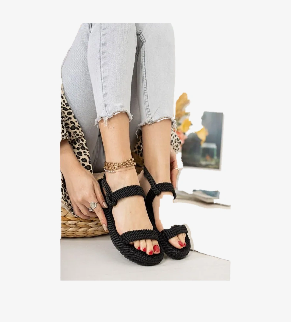 Siyah Halat İpli Hasır Kadın Sandalet K596012104