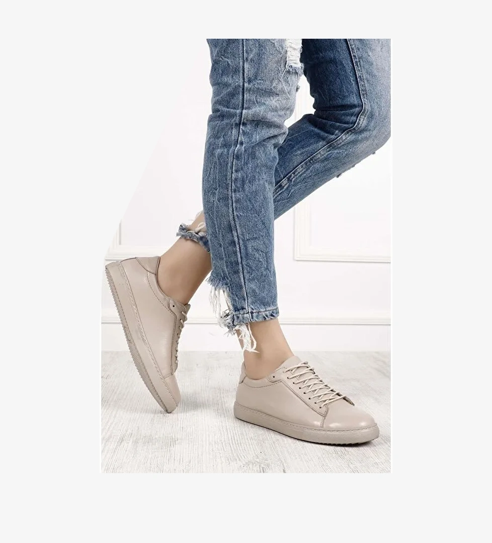 Hakiki Deri Yuvarlak Burun Bağcıklı Kadın Sneaker 24237 - Görsel 1