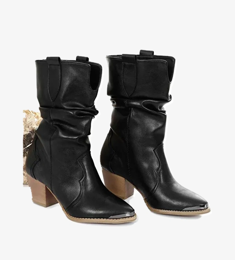 Sivri Burun Topuklu Körüklü Western Kovboy Kadın Günlük Kısa Çizme 32140 - Görsel 1