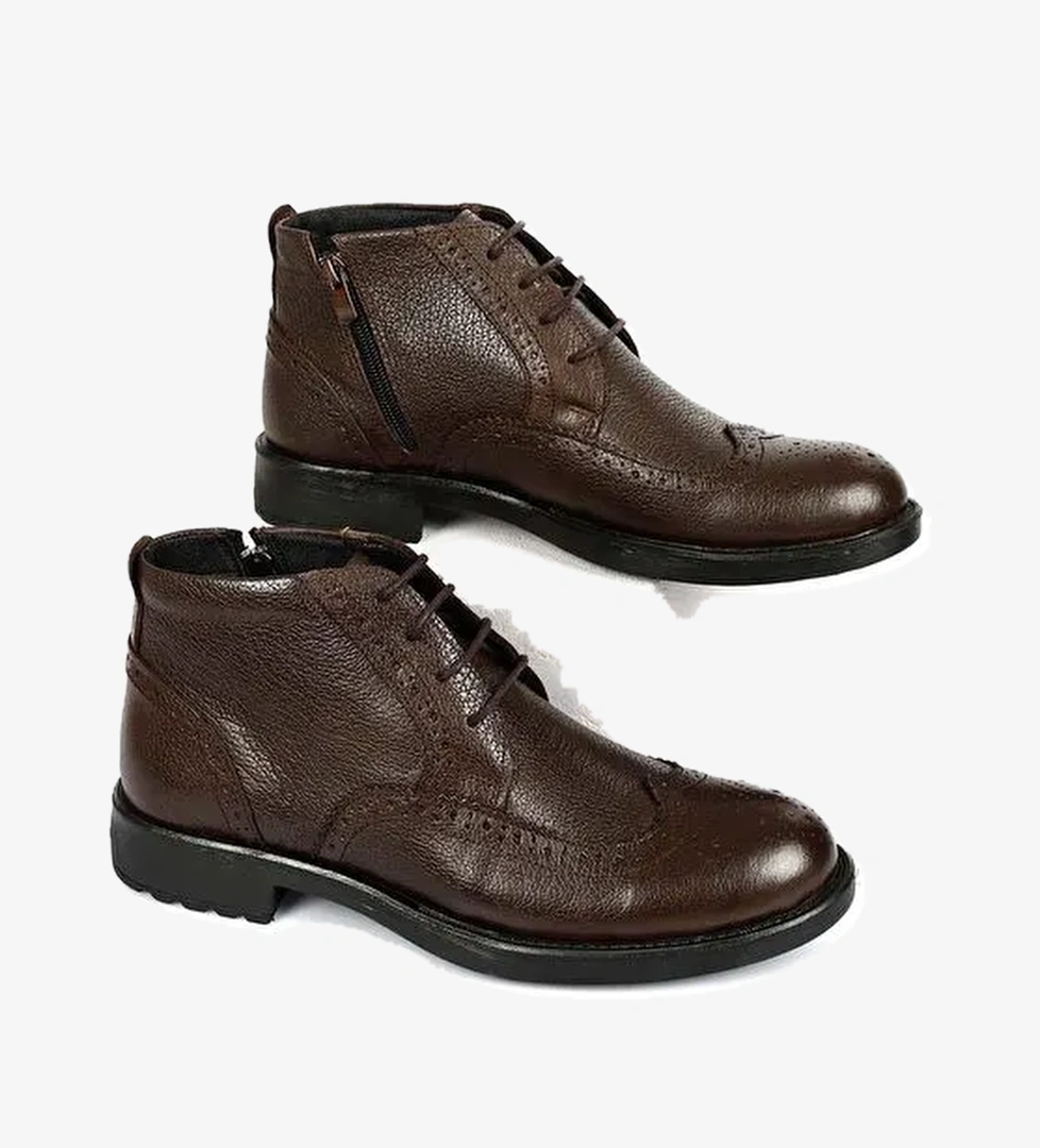 Hakiki Deri Yuvarlak Burun Kauçuk Taban Bağcıklı Fermuarlı Günlük Erkek Bot 01211 - Görsel 1