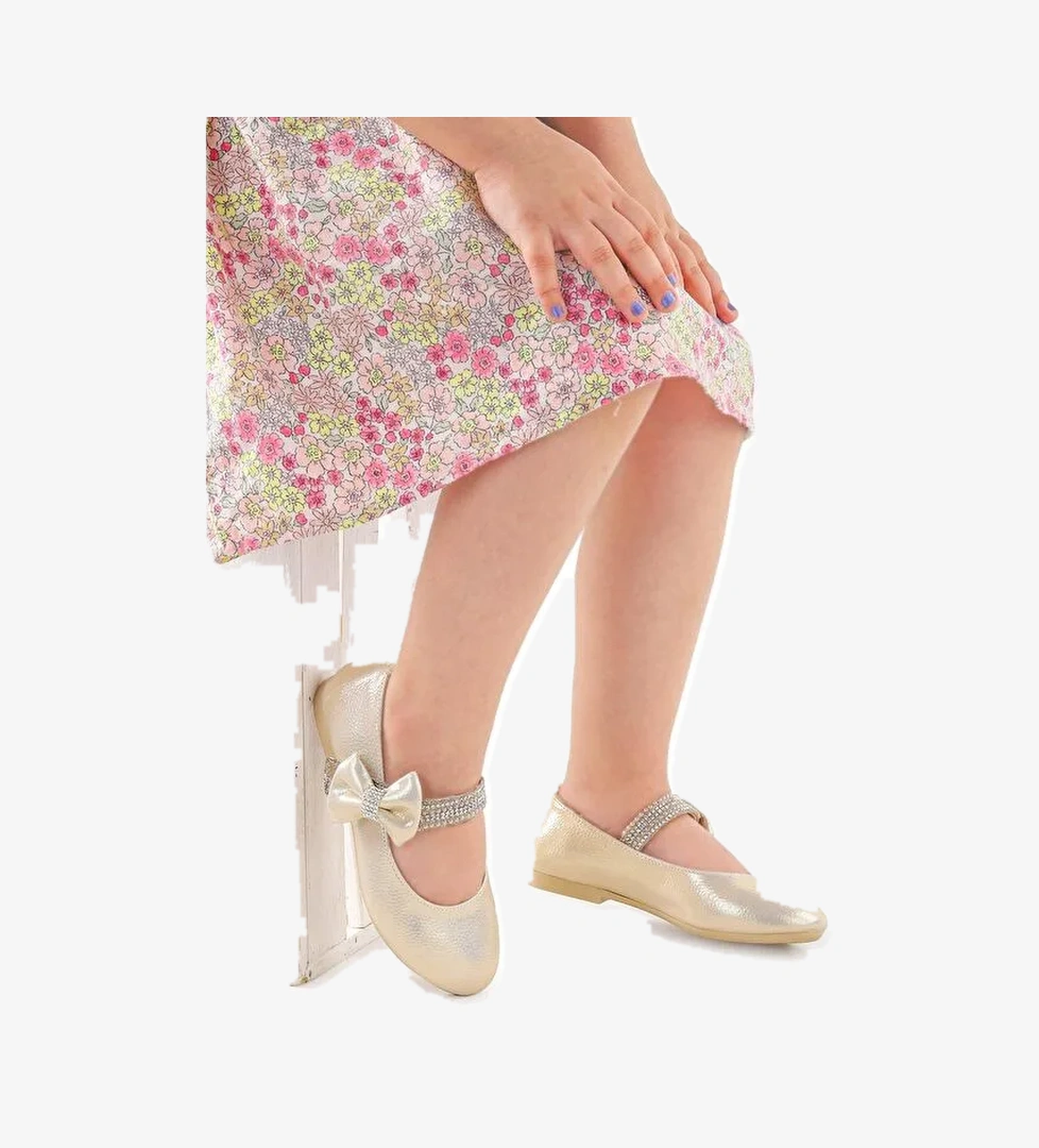 Cerry Vakko Cırtlı Kız Çocuk Taşlı Babet Ayakkabı