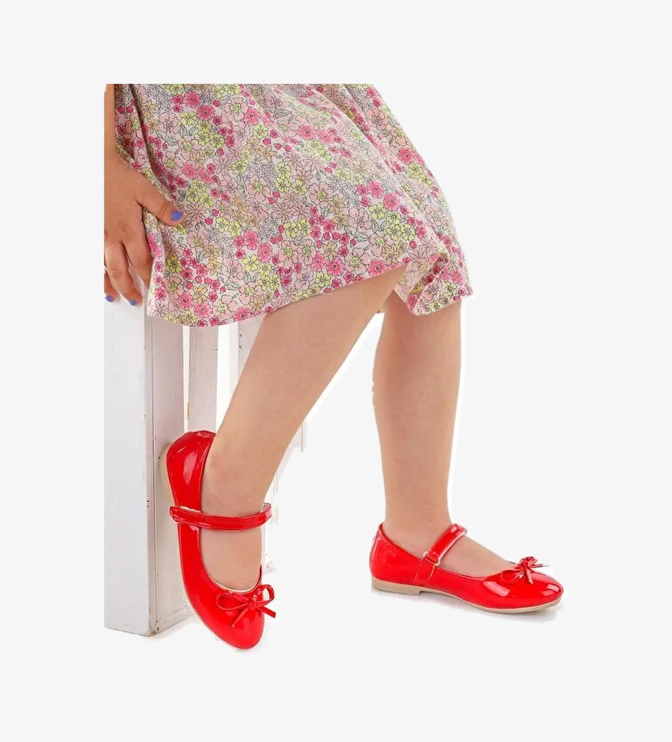 Barbe Rugan Fiyonklu Cırtlı Kız Çocuk Babet Ayakkabı - Görsel 1