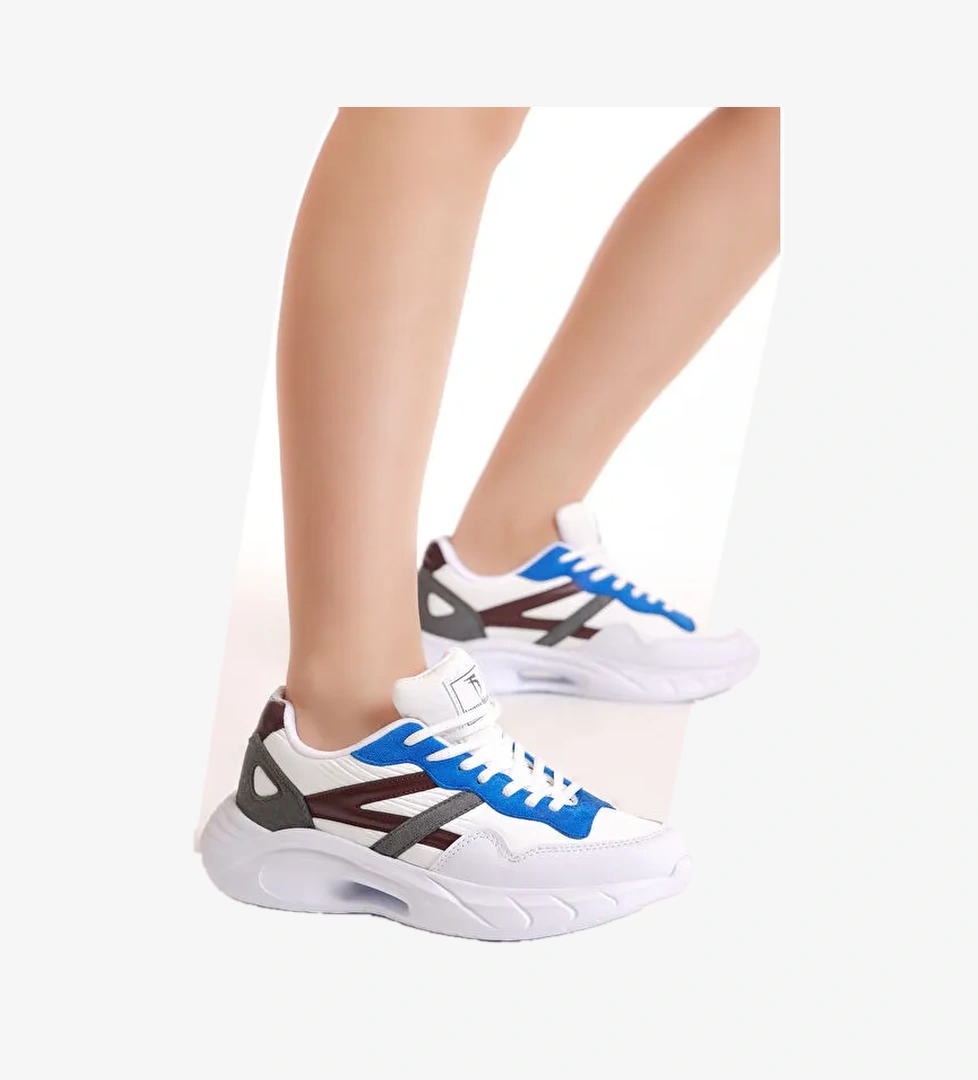 Kadın Beyaz Sax Faylon Taban Şeritli Bağcıklı Spor Ayakkabı