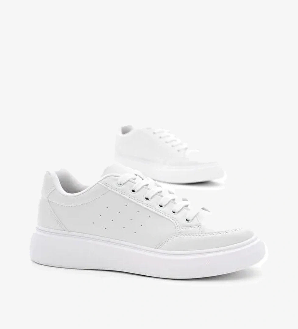 Kadın Beyaz Rahat Kalıp Yüksek Poli Taban Bağcıklı Spor Ayakkabı